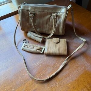 Vintage Eel Skin Handbag Bag 4 Piece Set Wallet Key Chain Lipstick Holder Beige